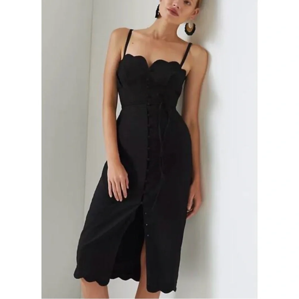 Anthropologie Womens Midi Dress Size 6 Black Preppy Party Celebration Front Slit - Picture 2 of 14